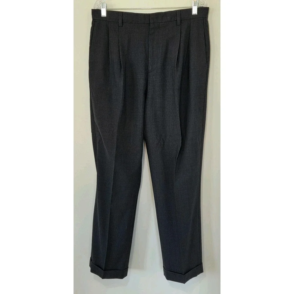 Milano Men's Pleated Cuffed Dress Pants Trousers 34x30 Wool Loose Black